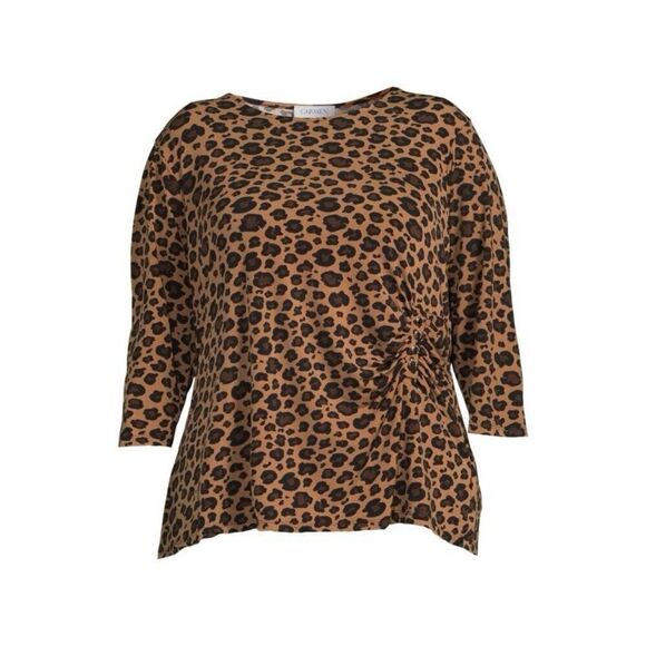 Carmen Marc Valvo 1X Leopard Print 3/4 Sleee Top Brown Tan Ruched Elevated Basic - Picture 2 of 11